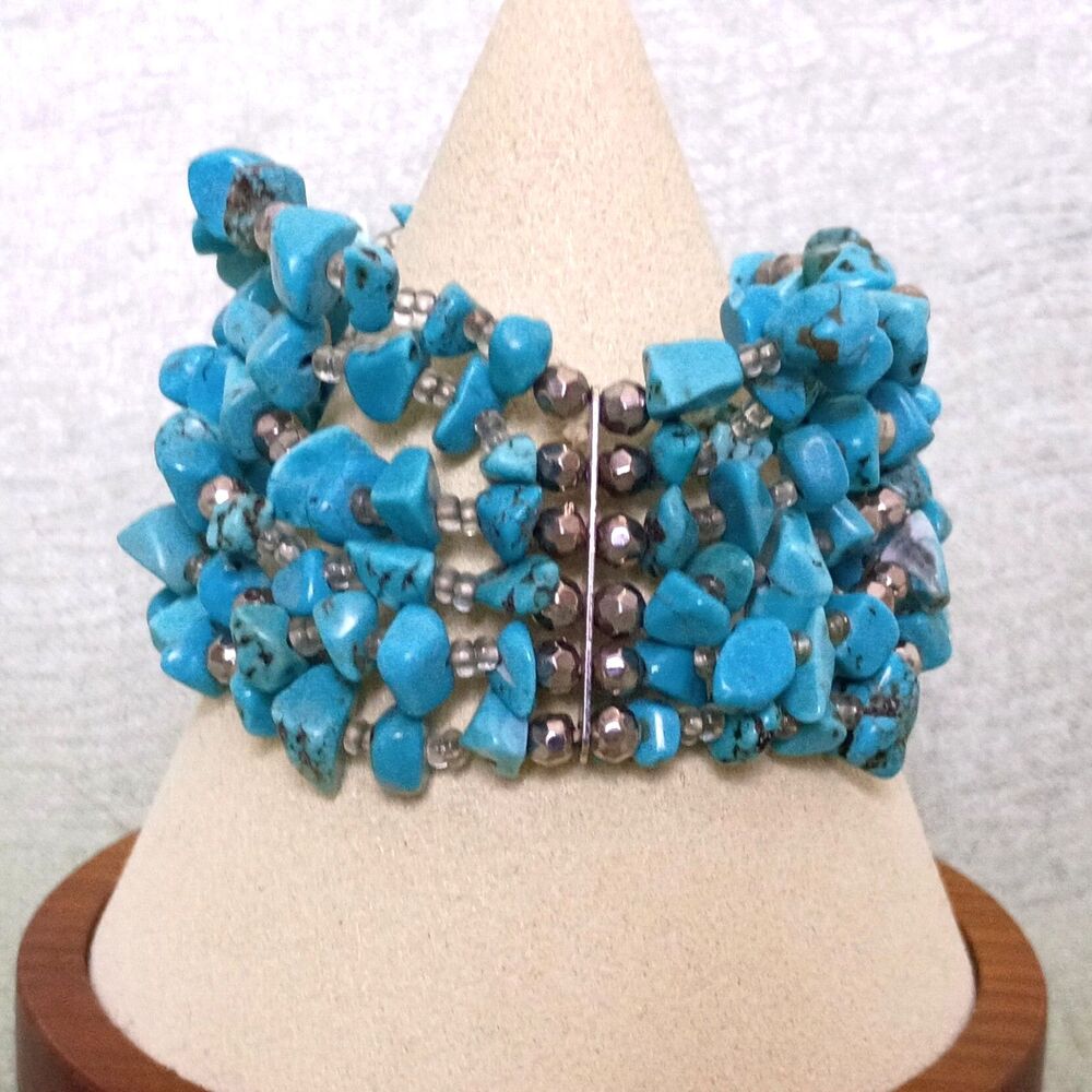 Vintage Composite Turquoise Chip Boho Style Multi Strand Stretch Bracelet